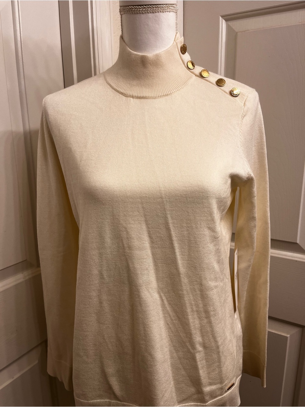 Calvin Klein Cream Turtleneck Sweater with Shoulder Buttons